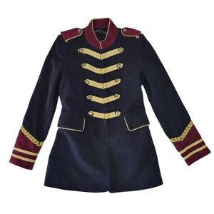 Zara Moleskin Military Band Jacket Blazer Size XS Navy Gold Burgundy Cotton